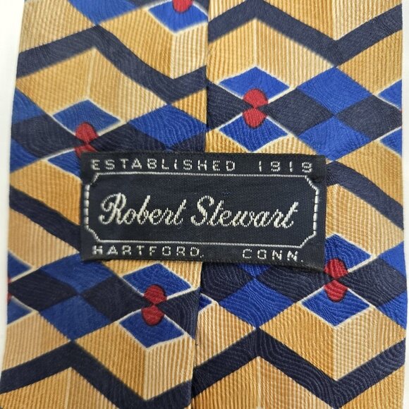 Robert Stewart 1919 Hartford Conn Mens Tie Geometric Gold Blue 100% Silk USA 60 - Picture 4 of 5